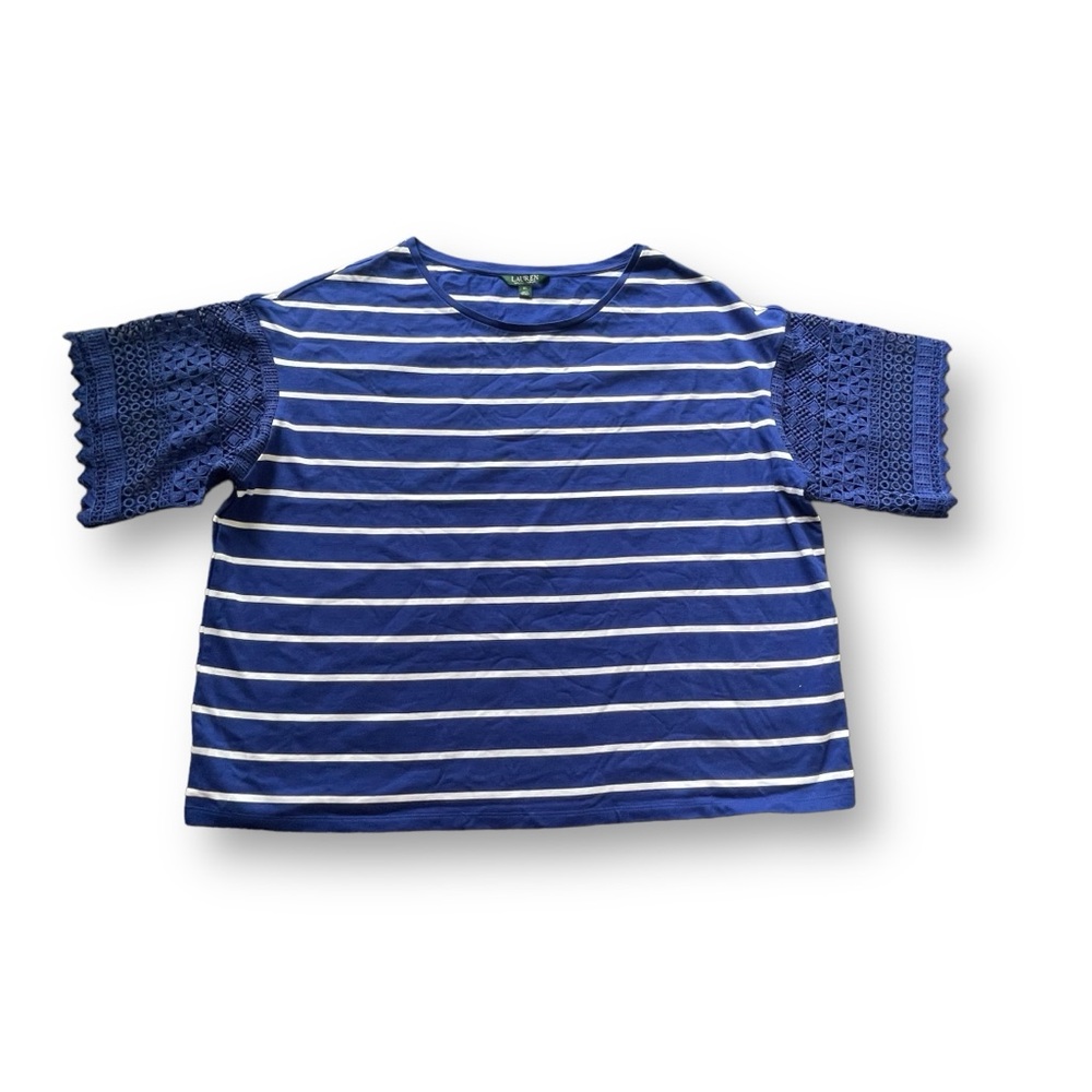Lauren Ralph Lauren Blue/White Stripe Crochet Lace Sleeves Shirt Woman's Size 2X